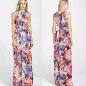 Eliza J Chiffon Long Floral Print Maxi Dress High Neck Tie Back Abstract Pink